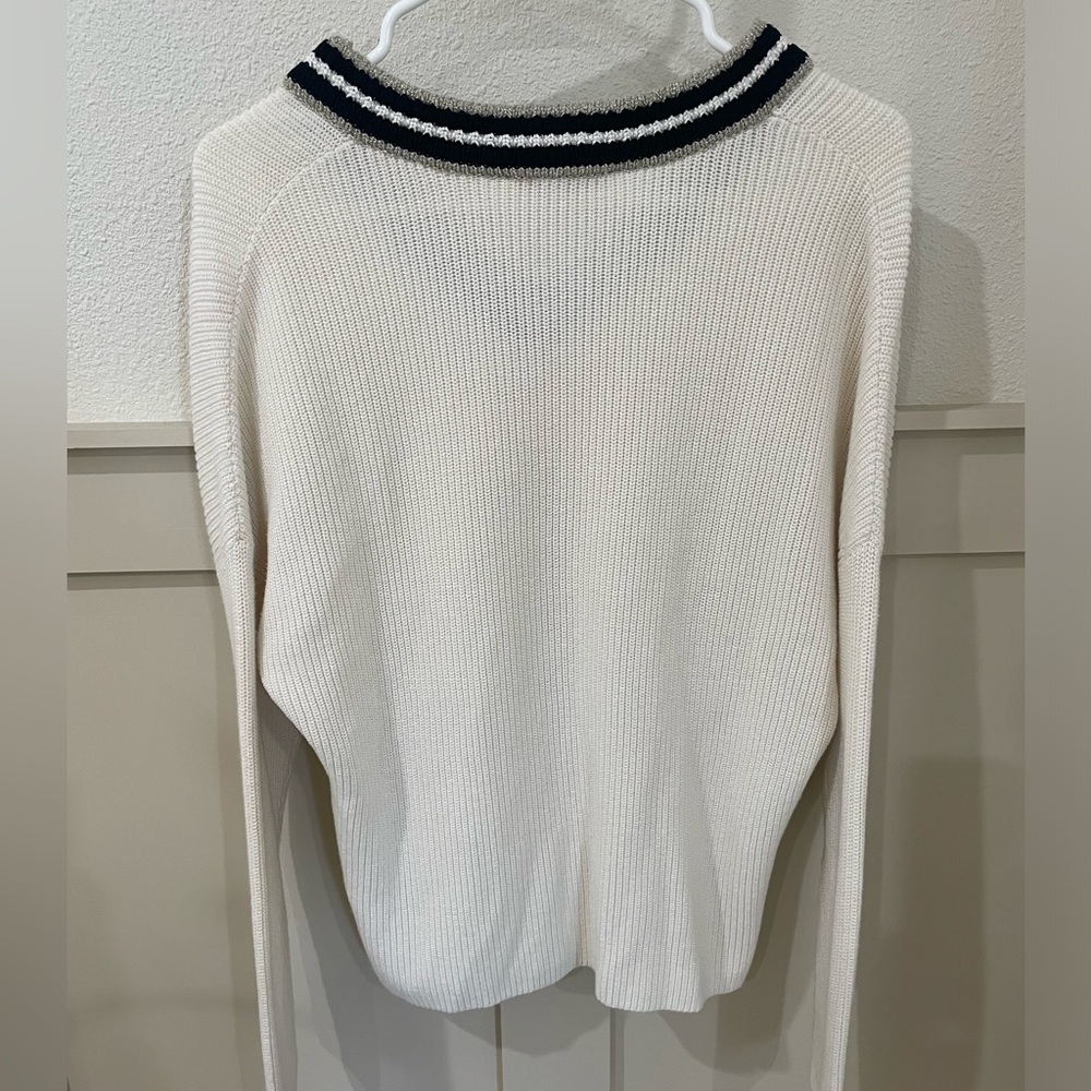Maje White V-Neck Sweater with Black Sparkly Trim - Picture 6 of 9
